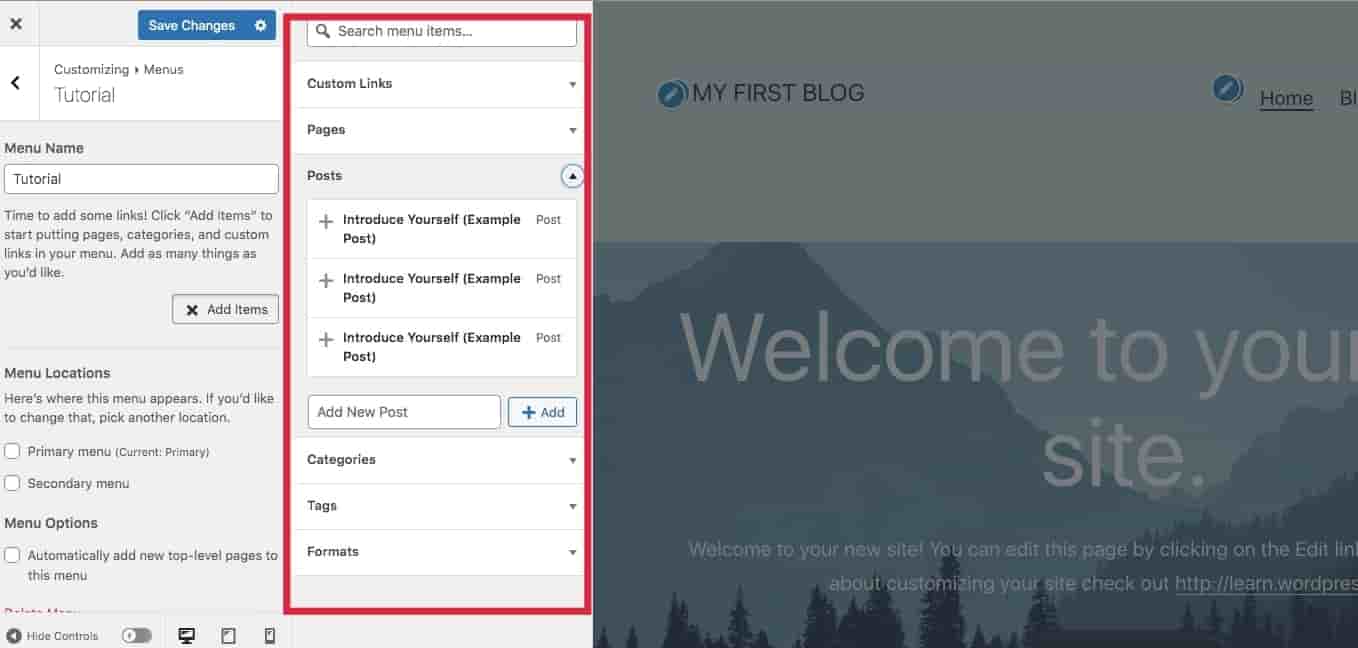 Cara buat blog di WordPress - custom menu