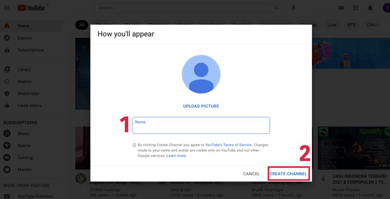 cara membuat akun youtube - tulis nama akun